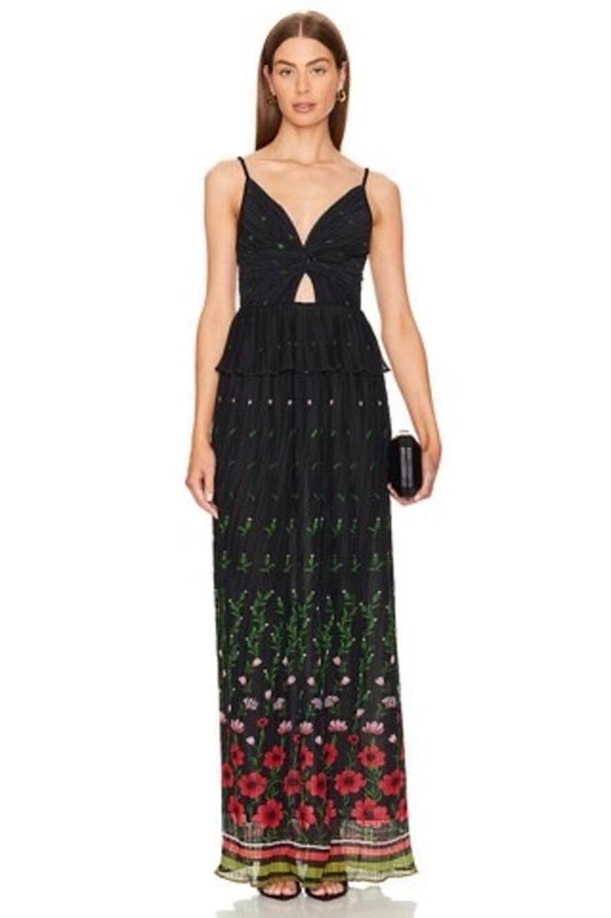 SABRINA MUSAYEV Black Red Floral Print Selina Front Twist Cut-Out Dress Size XL